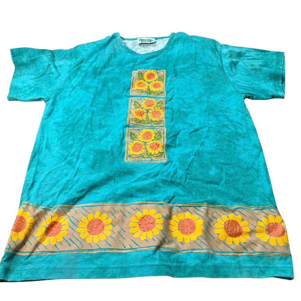 Cottagecore Vintage Coconut Bay Teal Sunflower Graphic T-Shirt Short Sleeve XL